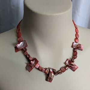 Vintage Dyed Shell Beaded Necklace Shades of Red & Coral 22" Boho Bohemian Gypsy